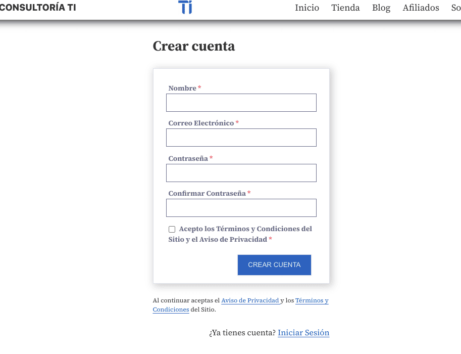 Crear cuenta e Inicio de Sesión en consultoriati.com.mx - Pruebas